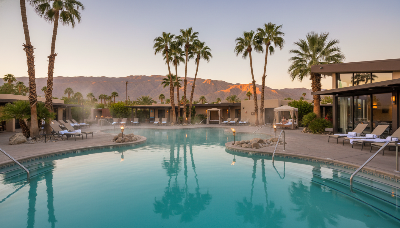 Desert hot springs resort in California with mineral water pools and palm trees