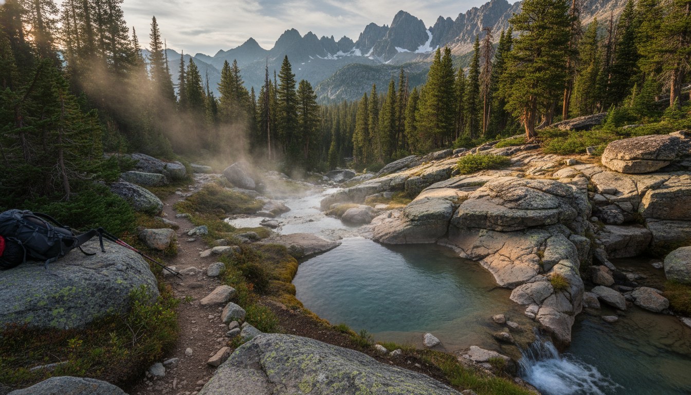 Remote primitive hot spring in the Idaho wilderness surrounded by forest