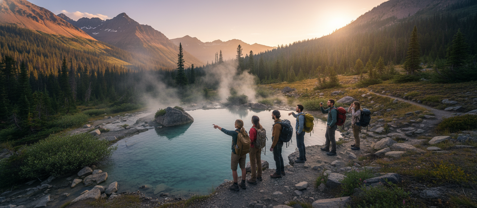 Hikers discovering a hidden natural hot spring in mountain wilderness at golden hour