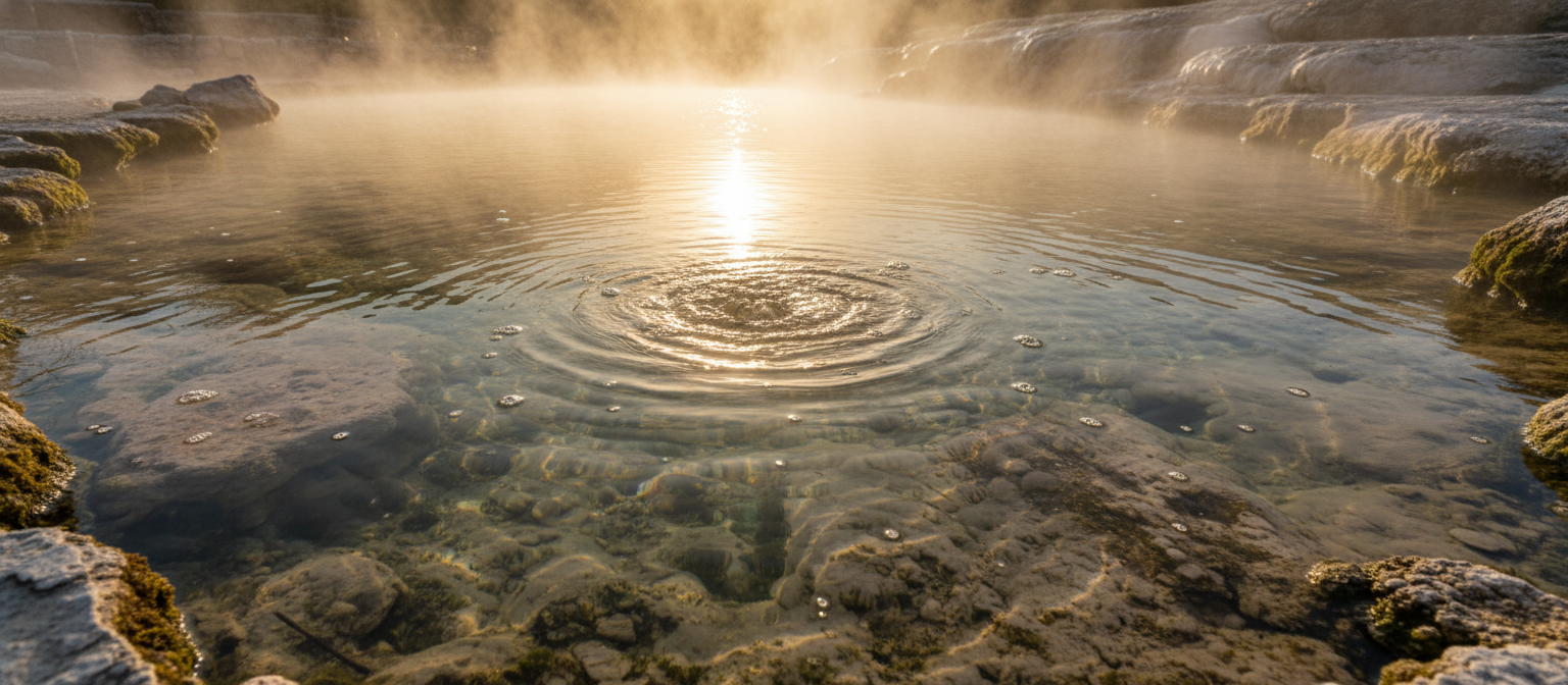 Crystal clear hot spring water with mineral deposits and steam in warm golden light