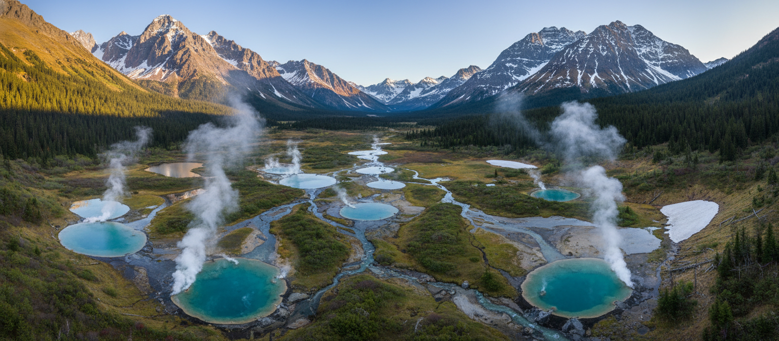 Aerial view of multiple natural hot spring pools in dramatic mountain landscape