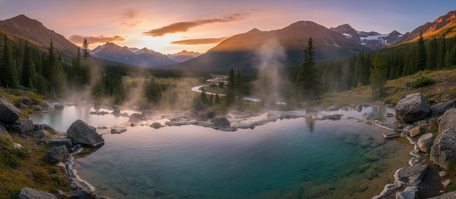 Panoramic natural hot spring pool surrounded by mountains at golden hour with steam rising from turquoise mineral water